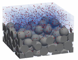 Tracer particles at the interface of a porous river bed and the free
stream.